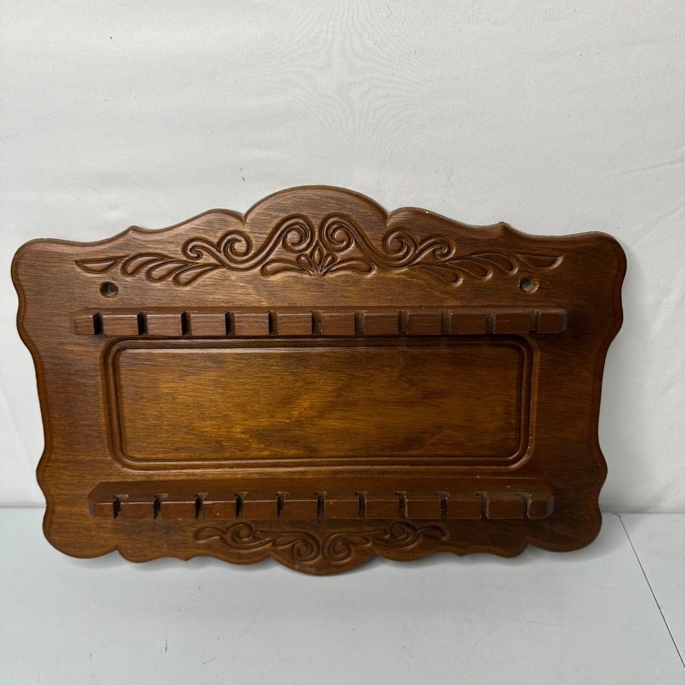 Vintage Carved Wood Spoon Display Rack Wall Hanging 12 Slot Brown Scrollwork - Picture 2 of 6